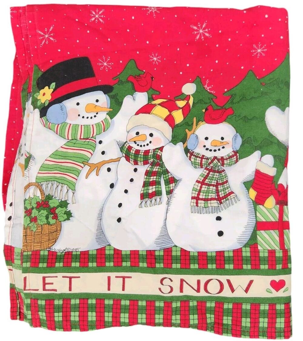 VTG 1990s Cottage Handmade Christmas Tablecloth Let It Snow Snowman Red 88×56